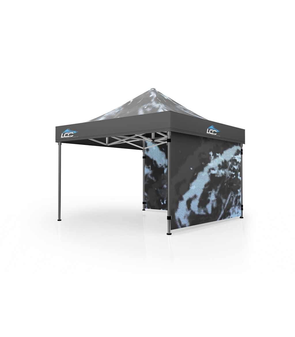 Custom printed canopy wall displaying a vibrant company logo and branding.