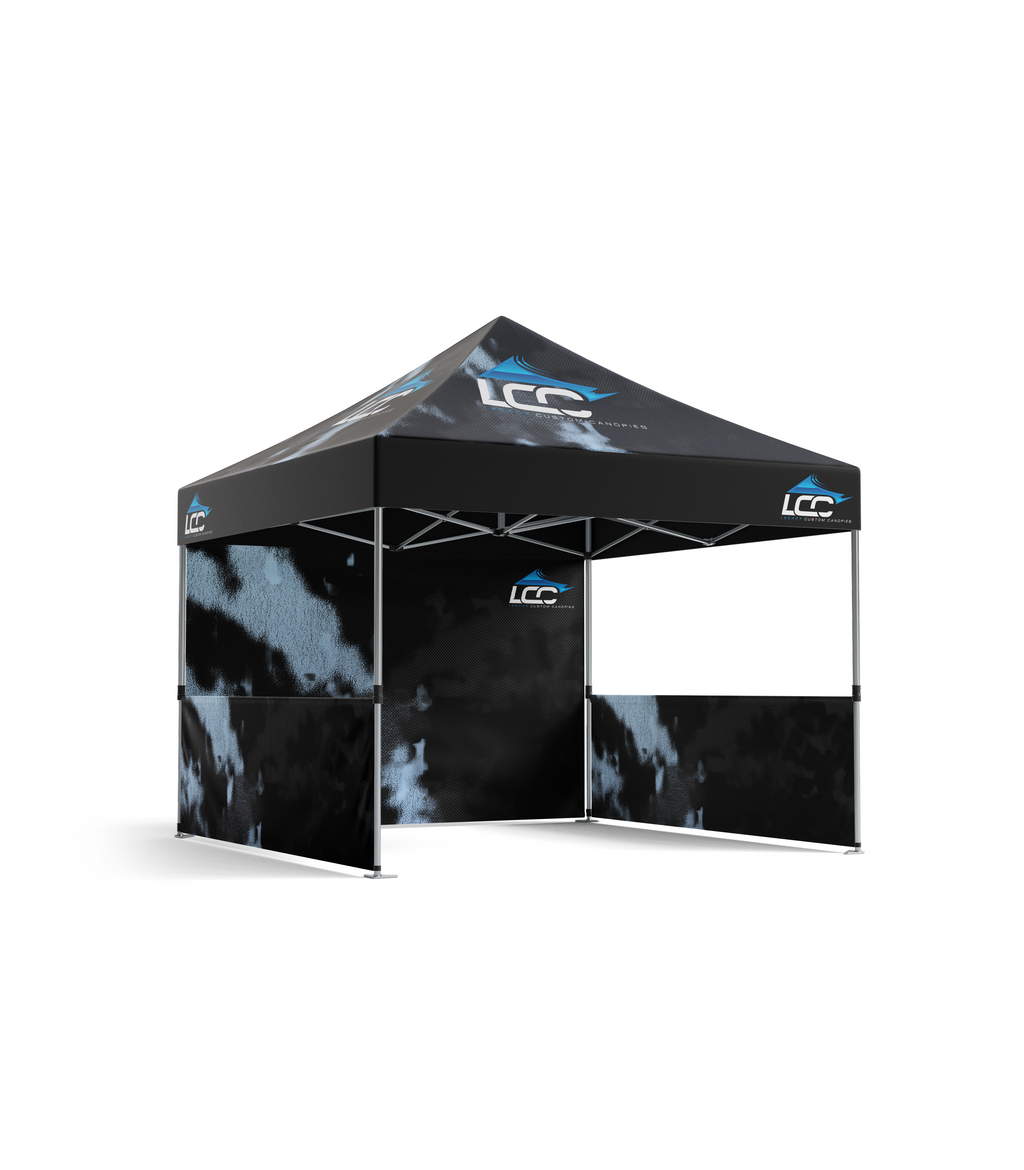 Custom printed canopy wall displaying a vibrant company logo and branding.
