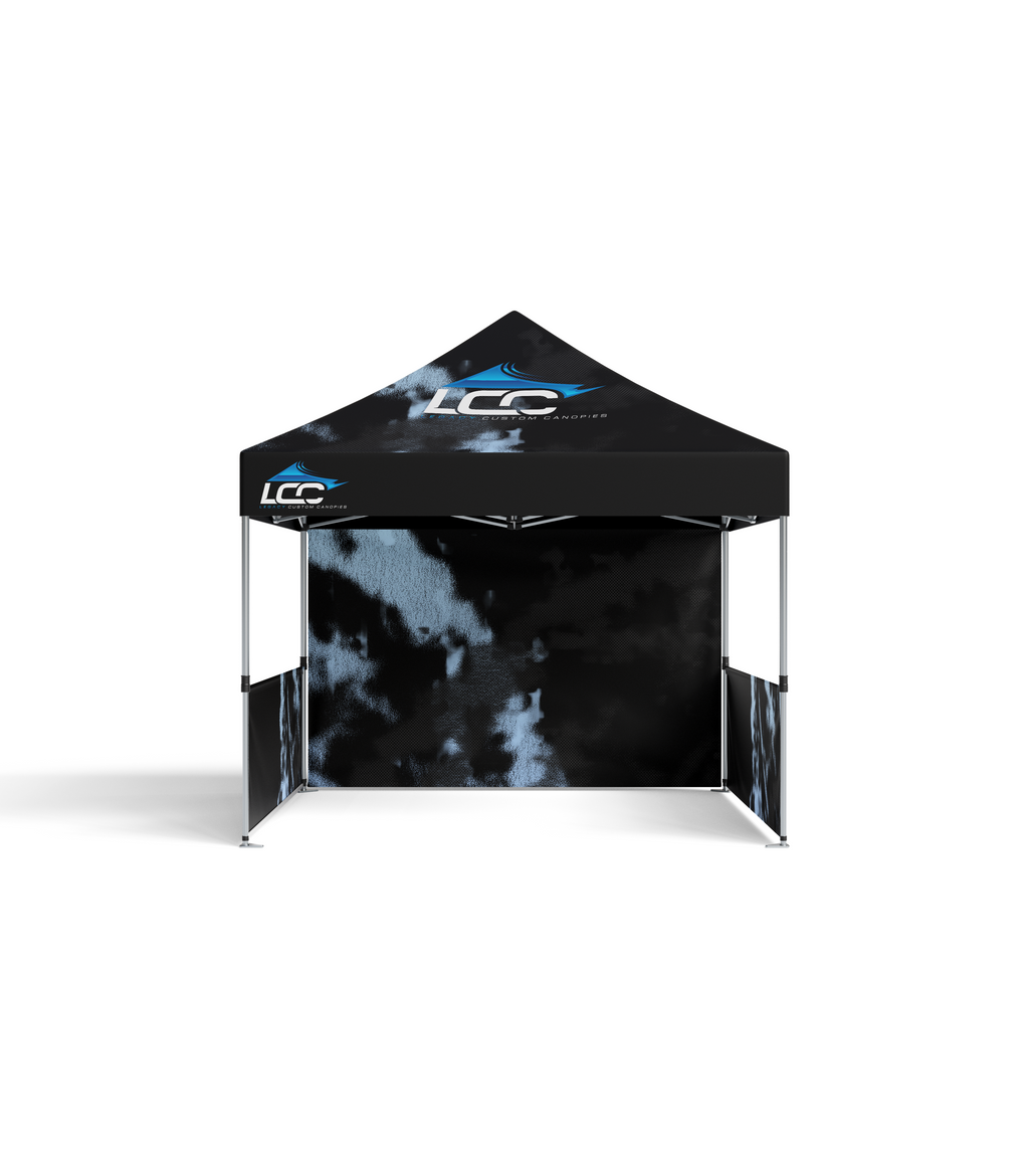 Custom printed canopy wall displaying a vibrant company logo and branding.