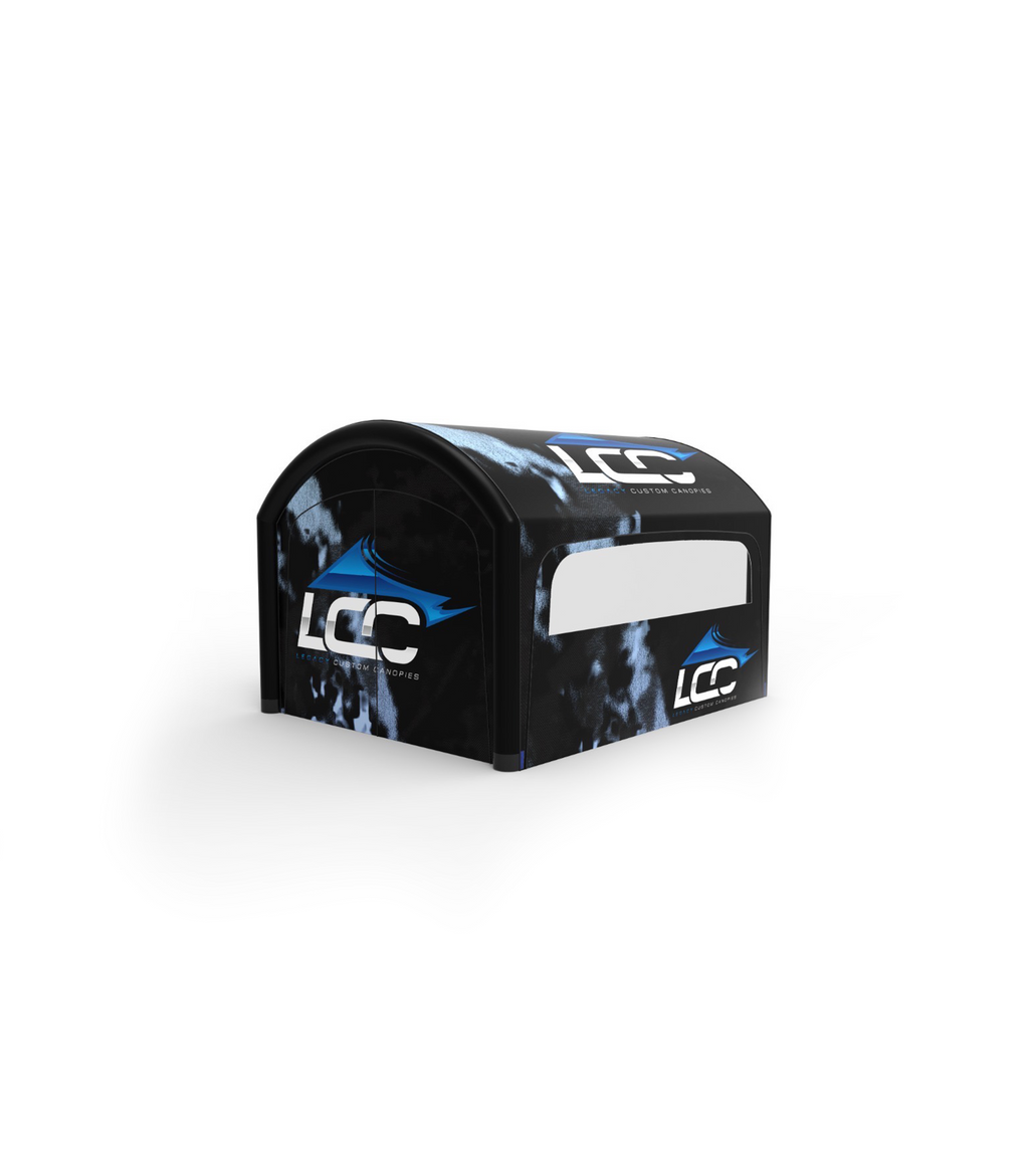 Modern event display tent for brand activations. Portable pop-up inflatable store with transparent side panel. Black inflatable dome tent for events with custom logo and custom design.