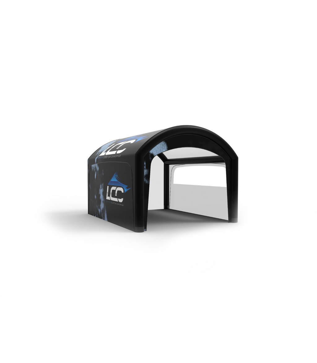 Modern event display tent for brand activations. Portable pop-up inflatable store with transparent side panel. Black inflatable dome tent for events with custom logo and custom design.