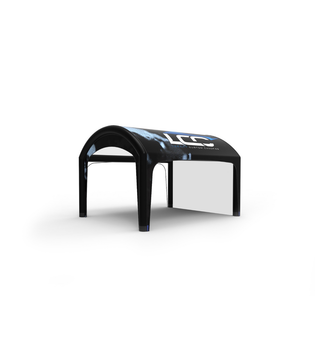 Modern event display tent for brand activations. Portable pop-up inflatable store tent with transparent side panel. Black inflatable dome tent for events with custom logo and custom design.