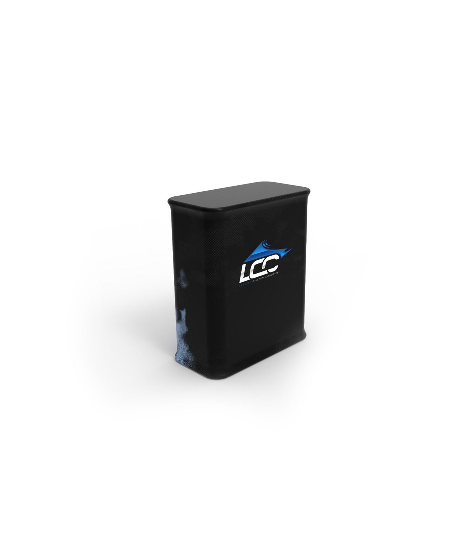 Custom branded display counter featuring a vibrant company logo and marketing graphics.