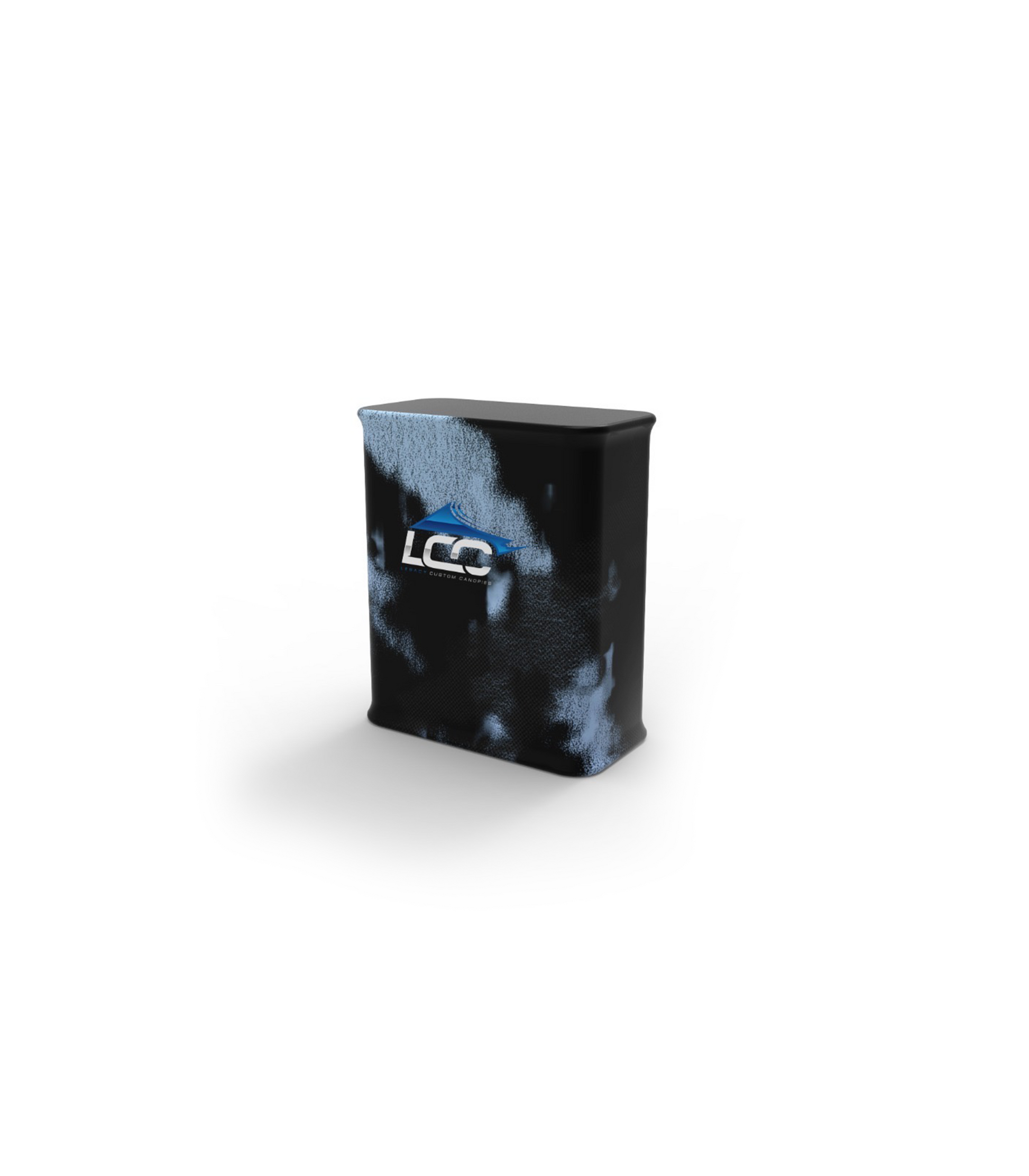 Custom branded display counter featuring a vibrant company logo and marketing graphics.